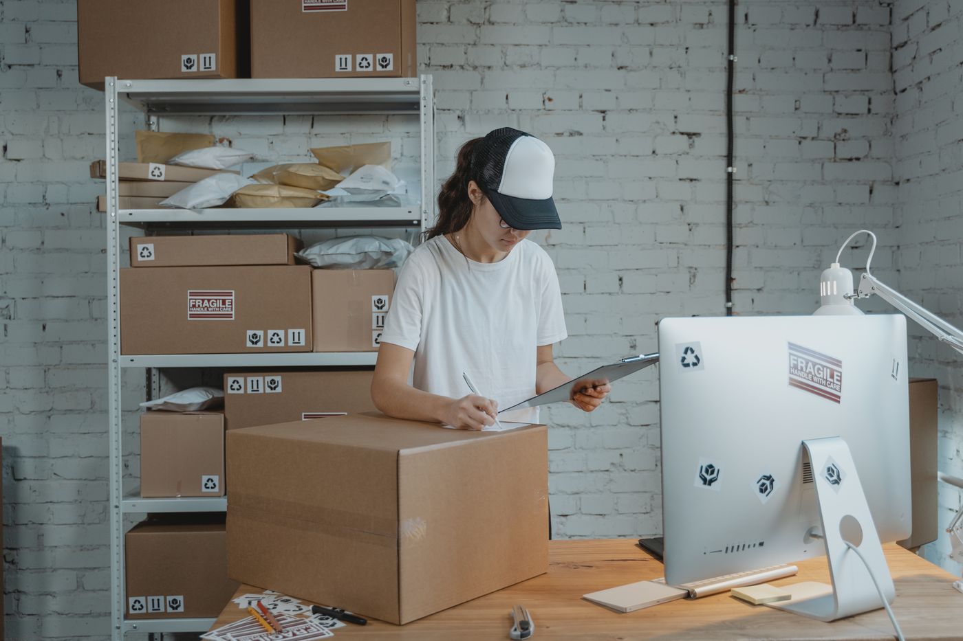 Small business owner counting stock and writing on a clipboard in a storage room